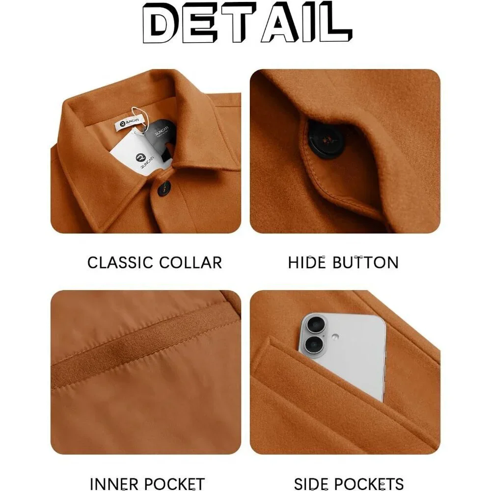 Men's Light Brown Long Trench Coat Single Breasted Casual Winter Warm Pea Coat